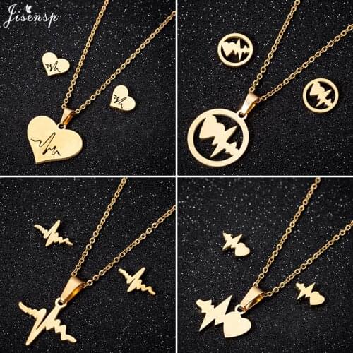 Jisensp Romantic Peach Heart Pendant Necklace Heartbeat Stainless Steel Jewelry Sets for Women Wedding Jewelry Gift bijoux