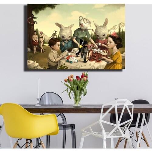 Rabbit And People Gatherin By Mark Ryden Canvas Painting Print Modern Wall Art Oil Painting Poster Picture Framework Home Decor
