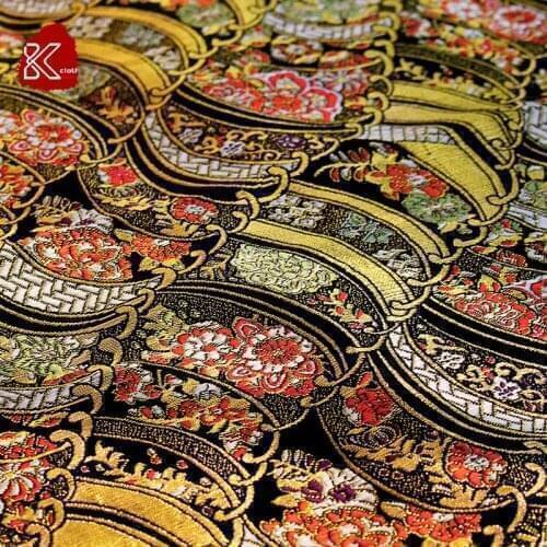 Chinese Jacquard Silk red gold wave Satin fabric for COSPLAY/Kimono/Mongolia clothing/Stage suit 1order=1meter