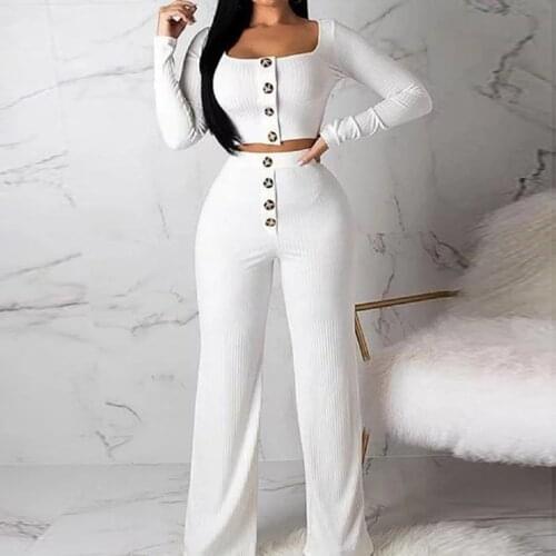 Women Two Pieces Outfits Long Sleeve Button Crop Tops+Button High Waist Wide Leg Pant Fashion Suits Slim Female Spring Fall Sets