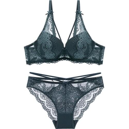 Sexy padded push-up underwear bra set lace fashionable dark green bra with ladies thin lace panties CYHWR
