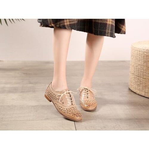 Leather hollow, breathable, comfortable, slippery and soft soled womens shoes