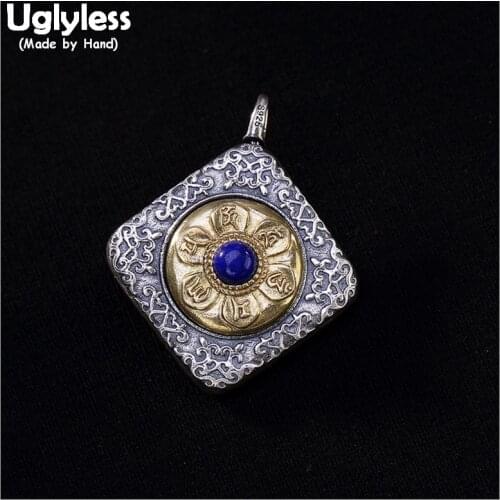 Uglyless Real 925 Sterling Silver Square Pendant Necklace NO Chains Handmade Buddhism Mantra Pendants Lapis Thai Silver Jewelry