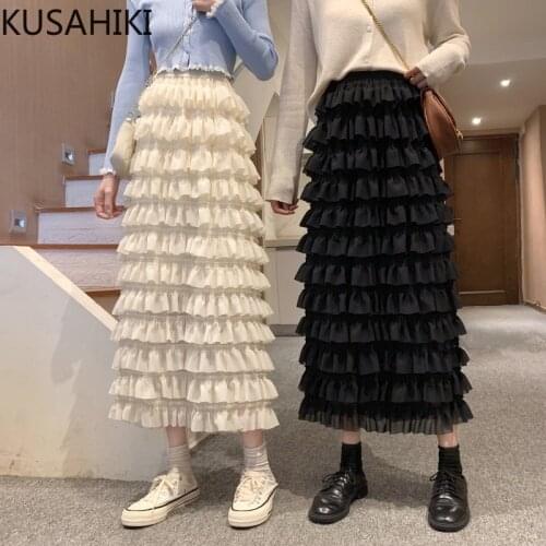 KUSAHIKI Spring 2021 New Sweet Cake Skirts Korean High Waist Layered-ruffle A-line Midi Women Skirt Causal Faldas Mujer 6E532