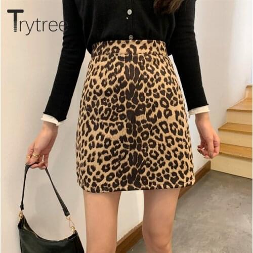 Trytree 2020 Spring Autumn Casual Woman Skirt Leopard High Waist Zipper Fly High Street Fashion Straight Thick Mini Skirt Cool