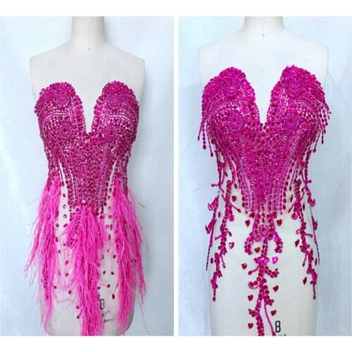 Hand made deep pink sew on Rhinestones applique Ostrich feather decoration trim patches 66*34cm for wedding dress accessory