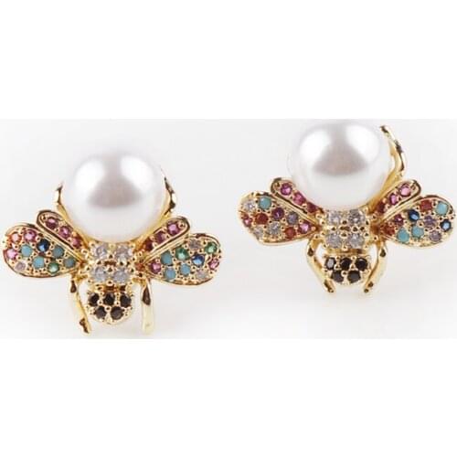 New Arrival Colorful Cubic Zirconia Stone Insect Honey Bee Pearl Earring Fashion Rainbow CZWomen Earrings