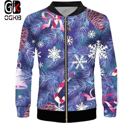 OGKB Mens Personality Large Size Christmas 3D Printed Zip Jacket Santa Claus And Snowflake Man Polyester Coat 6XL