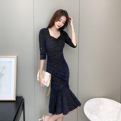 Autumn Sexy Party Bodycon Office Dresses Women Three-quarter Sleeve V Neck Elegant Velvet Dresses Vintage Bandage Mermaid Dress