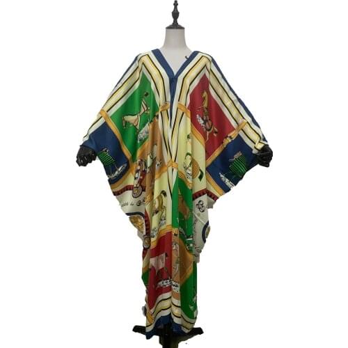 Европейская одежда 51 Inches sexy Lady Bohemian printed V-neck silk Maxi dresses Loose batwing Saudi Arabia Muslim Women dress