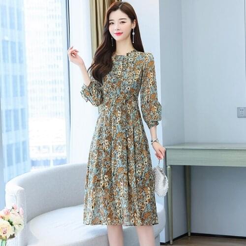 New Autumn Dress Women Chiffon Floral Print Dresses Female Midi O Neck Slim 3/4 Sleeve Female Fashion Casual Ladies Dress