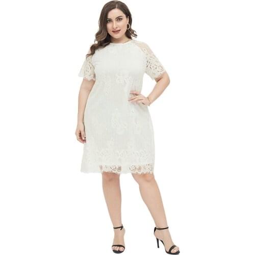 Plus Size Lace Short Sleeve Midi Dress Women Sweet Elegant Evening Party Night Gown High Waist Wrap Dress Vestidos Robe Tunic