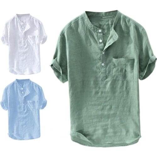 2021 Vintage Cotton Linen Shirt Mens Summer Shirt Pure Hemp Short Sleeves Cotton Linen T-shirt Large Chambray Pullover Shirt