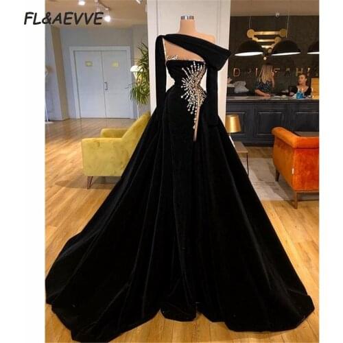 2021 Modern Black Evening Dress A Line Crystal Long Sleeves One Shoulder Satin Corset Floor Length Evening Prom Party Gowns