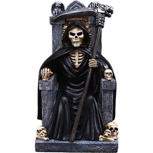 Halloween Resin Death, Grim Reaper Statue Sitting On Skeleton Throne Figurine Decoration