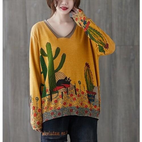 Autumn Casual WomenS Sweater 2020 Vintage Style V-Neck Printed Female Loose Knitted Pull Oversize Aesthetic Sweater AA5596