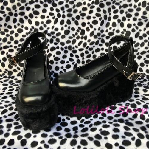 Princess sweet lolita Lolilloliyoyo antaina Japanese design shoes custom flat platform black shoes with fur thick bottom 5236s-2