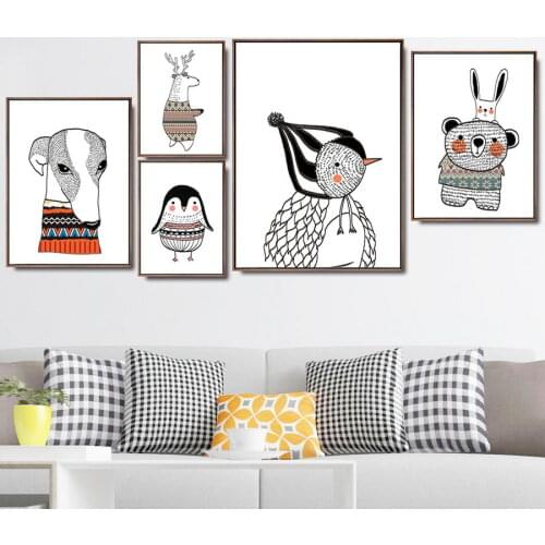 Home Decoration Print Canvas Nordic Picture Wall Art Paintings Oil Unframed Drawings For Bedroom Cartoon animal black and white