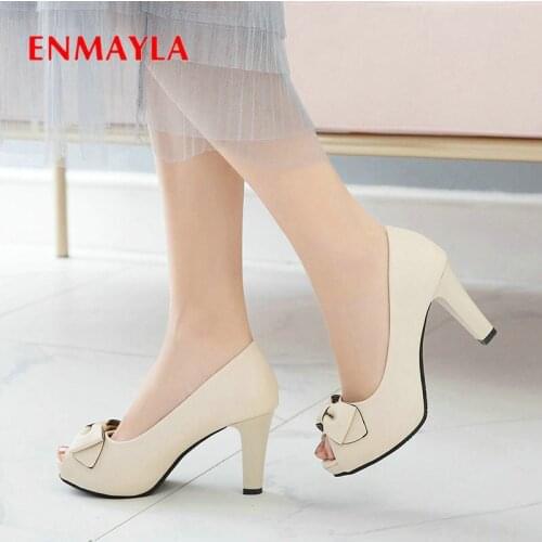 ENMAYLA 2020 Sweet Women Shoes High Heel Basic PU Peep Toe Slip-On Platform Heels Butterfly-knot Square Heels Women Pumps 34-43