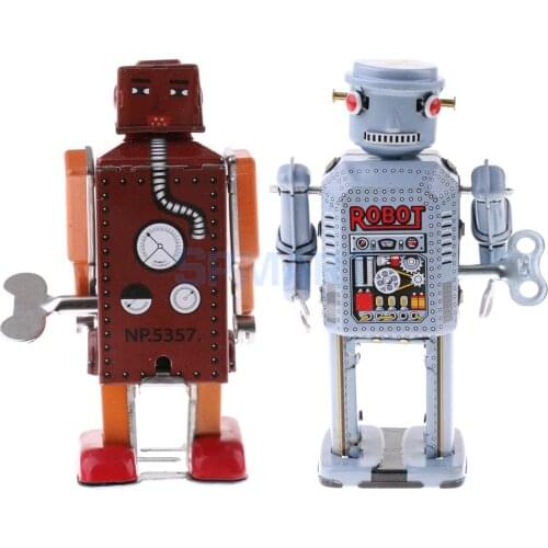 2pcs Vintage Wind Up Clockwork Mechanical Walking Robot Model Tin Toy Collections Kids Adult Gift Home Display Decor