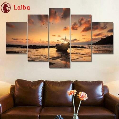 Diamond Embroidery Natural scenery, sunset seascape boat Diamond Painting Full Square round drill Cross Stitch Wall Art5pcs