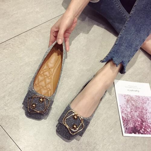 Women Shoes New 2021Black/Grey Ladies Square Toe Loafers Casual Slip on Ballet Flat Shoes Metal Decoration Flats