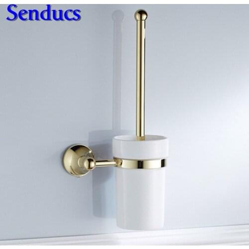 Free shipping High quality ceramic toilet brush holder with brass bathroom toilet brush holder of gold toilet brusher stand