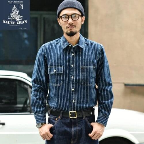 SauceZhan Jeans Indigo Wabash Stripe Work Shirt Selvedge jeans Shirt heart Denim Shirt shirt men long sleeve shirt vintage