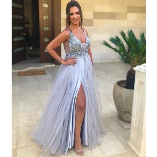 Violet Evening Dress A-Line V-Neck Tank Side Slit Backless Appliques Sequined Beads Floor Length Elegant Party Prom Gown 2021