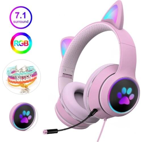 Cat Ear Girls Gamer Headset With Microphone Noise Cancelling Headphones RGB Light 7.1 Stereo Headphones Cute Helmet Auriculares