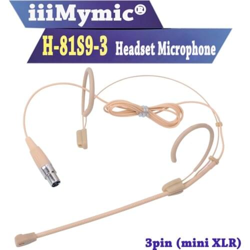 IiiMymic H-81S9-3 3pin mini XLR TA3F Connector Beige Headworn Headset Microphone for AKG Samson Wireless Body-Pack Transmitter
