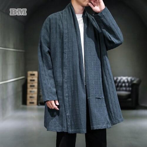 Chinese Traditional Dress Linen Mid-Length Trench Coat 2021 Spring Autumn Plus Size Cardigan Cloak Oversized Tops Men Clothing