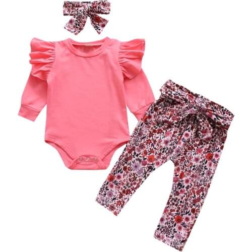 Newborn Baby GirlsSuit Pink Long Sleeve Long Bodysuit Floral Pants Autumn Jumpsuits with Bow Headdress Girls Clothing Set