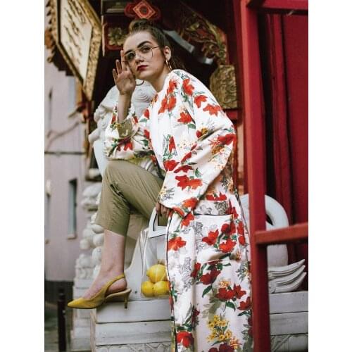 Red Floral Kimomo For Women Retro Fashion Belted Coat Girls Plus Size Spring Blossom Robes Japanese Kimono Cardigan Satin Like