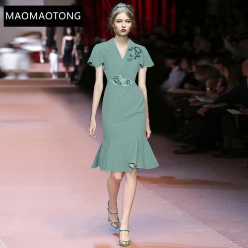 Fashion Designer dress Summer Womens Dress Short sleeve Beading Embroidered Slim Midi Party Mermaid Dress
