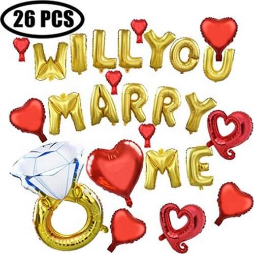 Will you mary me Letter diamond ring ballon Set Gold red Aluminum Film ballon 26pcs Engagement Wedding Decoration mariage