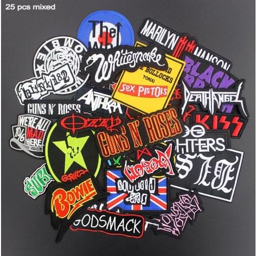 25 pcs lot Mixed Fashion Music Patches Punk Rock Embroidered ironing Badges Stripes on clothes DIY Appliques Stickers