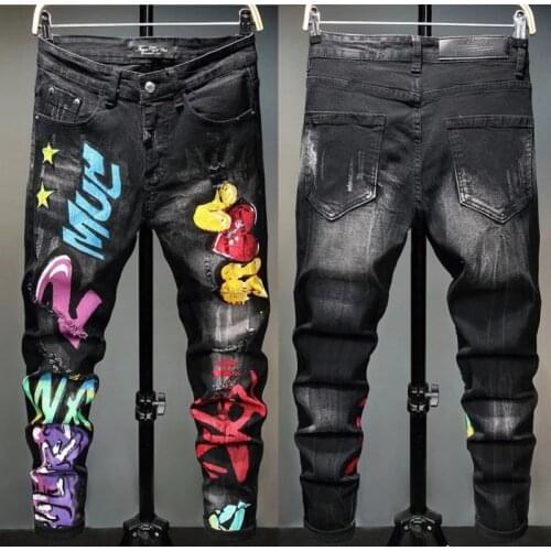 Autumn Casual Mens Raggedness Graffiti Jeans Pants Black Teenager Micro Elastic Print Fashion Personality Trousers