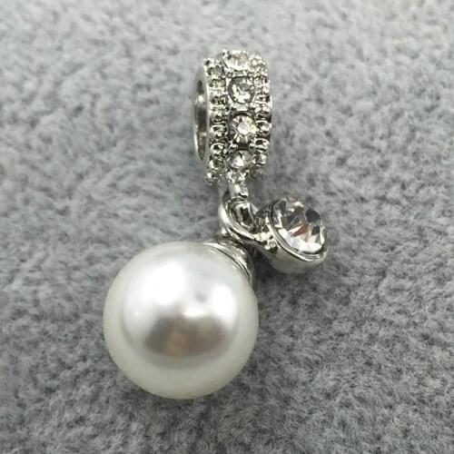 White pearl Dangle With Crystal Pendant European Beads Fit Charms Bracelets&Bangles Necklace