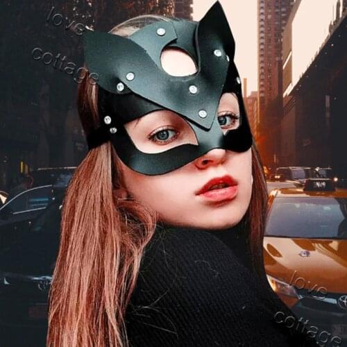 Sexy Lingerie Women PU Leather Cat Mask BDSM Fetish Cat Ears Black Eye Mask Halloween Carnival Club Party Cosplay Mask