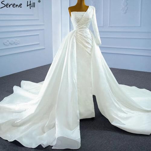 Serene Hill White Mermaid Satin Wedding Dresses 2021 Beaded Pearls Overskirt Sexy Bridal Dress HM67244 Custom Made