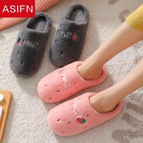 ASIFN Women Winter Home Slippers Men Flock Non-slip Cute Fruit Warm House Plus Fur Indoor Bedroom Ladies Couples Floor Shoes