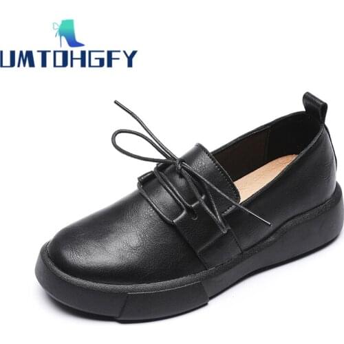 Black Brown Vintage Genuine Leather Casual Shoes Woman Spring Autumn Round Toe Flats Oxford Shoes For Women Flat Platform Shoes