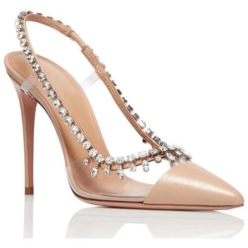 Moraima Snc Nude Patent Leather High Heel Shoes Sexy Pointed Toe Transparent PVC Patchwork Thin Heels Pumps Woman Crystal Heels