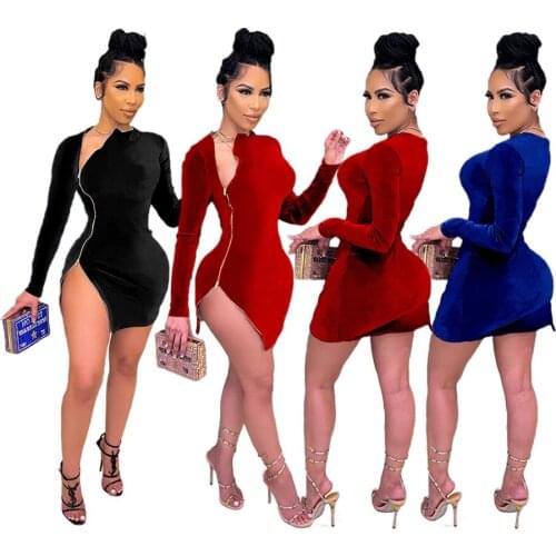 Casaul Women Mini Dress Split Out Zipper Bodycon Party Night Clubwear Mini Dresses For Women Outfit