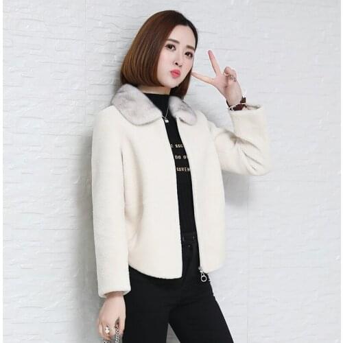 Real Sheep Shearing Winter Coat Mink Fur Collar Wool Jacket Women Clothes 2020 Manteau Femme HK88052 YY1118