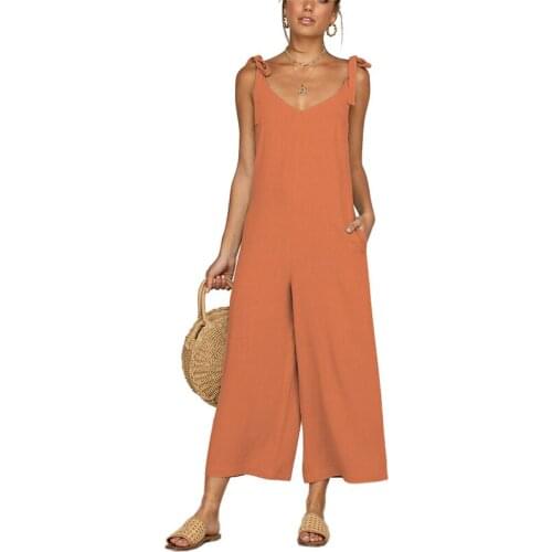 2021 Spring Summer Plain Jumpsuit New Bow Lace Up Design Wide Leg Suspender Pant Calf Length women Casual Overalls