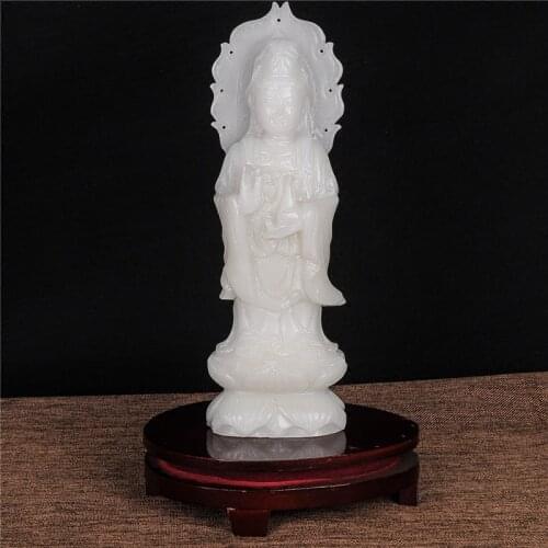 30CM LARGE BLESSING HOME WALL OFFICE EFFICACIOUS TALISMAN GUANYIN BUDDHA AVALOKITESVARA WHITE JADE CARVING SCULPTURE STATUE