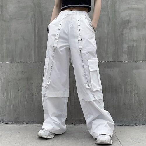 High Waist Chain Ring Ribbon Baggy Cargo Pocket White Loose Jogger Pant Harajuku Streetwear Korean Women Goth Hip Hop Punk Harem
