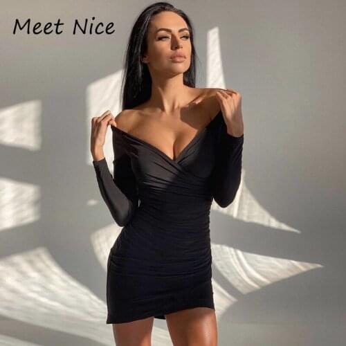 White Black Party Dress V Neck Long Sleeve High Waist Bodycon Dress Ruched Robe Women Mini Dresses Night Clubwear